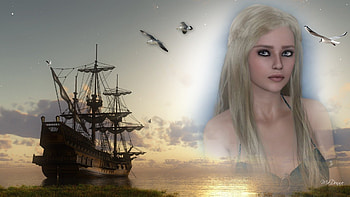 Haunted by Her Loss, ship, birds, collage, sea gulls, ghost, ocean, sunset, sea, girl, beautiful, loss, woman, death, sad, tall ship, haunted, clouds, sailing, sky, sail, lovely, memories HD wallpaper