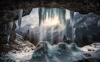 Frozen Waterfall in the Mountains at Sunrise, waterfall, nature, mountains, sunrise HD wallpaper