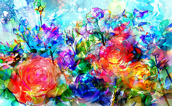Flowers, blue, art, purple, rose, painting, anime, pictura, flower, green, red, luminos, manga HD wallpaper