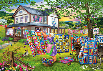 Grandma's Quilts, cottage, house, artwork, painting, garden, trees HD wallpaper