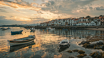 seaside, town, boat, dusk HD wallpaper