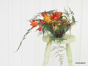 Atop A Pedestal, white, bouquet, colour, arrangement, stool, summer, leaves, red, flowers, bowl HD wallpaper