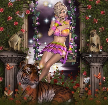✫Pink Rosalinda✫, colorful, cute, colors, pillars, digital art, butterflies, animals, female, model, monkey, roses, Rosalinda, tiger, weird things people wear, beautiful, grass, 3D art, creative pre-made, pink, fantasy, pretty, creeping plants, flowers, lovely HD wallpaper