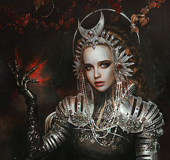 High Priestess, luminos, daria ridel, girl, armor, dark, art, priestess, jewel, moon, fantasy, luna HD wallpaper