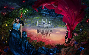 Sapphire, digital, reflection, art, girls, castle HD wallpaper