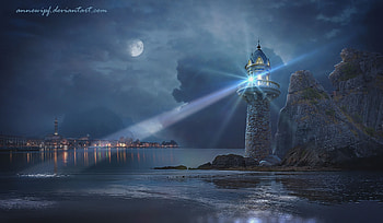 harbor light, night, lighthouse, light, harbor HD wallpaper