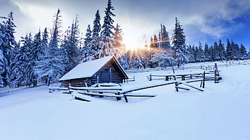 Winter Sunrise, fence, snow, clouds, trees, landscape, sky, cabin HD wallpaper