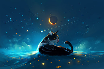 Aether sushi, ahmx, cat, blue, night, black, alromeadheen, art, stars, pisici, fantasy, moon, luminos HD wallpaper