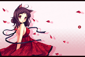 Kawaii Neko, cat ears, cute, ribbons, long hair, dress, beauty, lady, petals, female, sweet, smile, soft, girl, beautiful, black hair, kawaii, anime girl, pink, neko, anime, pretty, red, flowers, lovely HD wallpaper