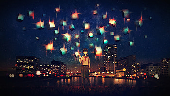 Anime Buildings Stars , anime, artist, artwork, digital-art HD wallpaper