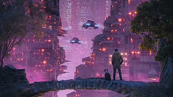 Watching Glowing Cityscape With Friend, scifi, artist, artwork, digital-art, artstation HD wallpaper
