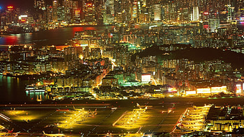the old kai tak airport in hong kong, airport, skyscrapers, city, lights, planes HD wallpaper