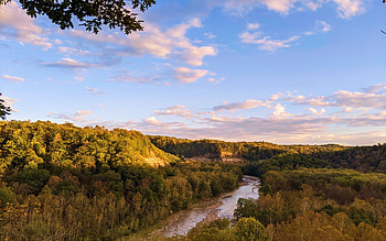 Final light on the gorge - Gowanda, NY, trees, clouds, river, sky, forest HD wallpaper