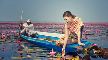 Asian Beauty, boat, girl, flowers, lake HD wallpaper