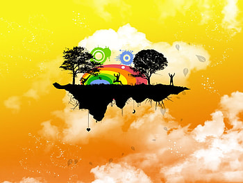 Fun Time, yellow sky, rainbow, clouds, trees, silhouettes, floating island HD wallpaper