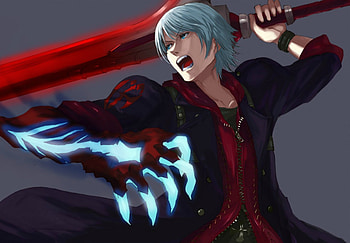 Nero, grey background, sword, blue eyes, devil may cry 4, weapons, dmc4, anime, claws, devil may cry, white hair, video games, trench coat HD wallpaper
