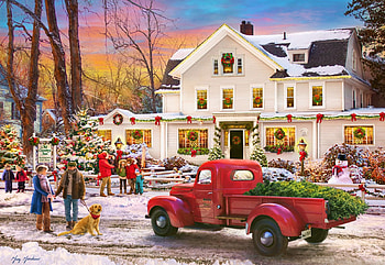 The Inn at Christmas, dog, painting, car, christmas, house, trees, people, tree HD wallpaper