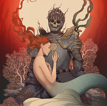 Siren, armor, mermaid, art, skull, knight, girl, moon, fantasy, red, mona finden, luna, redhead HD wallpaper