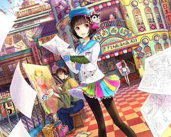 Art Student, cute, dress, artist, short hair, male, handsome, sexy, art, color, house, hot, girl, paper, multicolor, kawaii, anime girl, boy, anime, building, sheet, cap, guy HD wallpaper