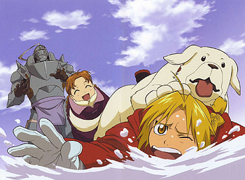 Playing in the snow, alphonse, anime, fullmetal alchemist, snow, edward elric, son, cool, funny HD wallpaper