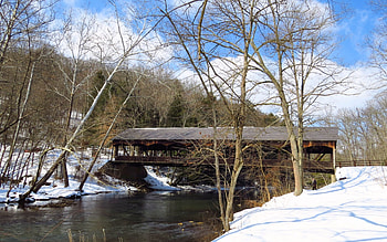 Bridge to Spring on a Winter Day, creek, architecture, state park, covered bridge, bridge, trees, nature, sky, water, stream HD wallpaper