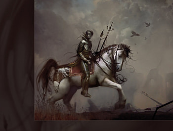 Rez, fog, horse, city, spears, clouds, elf, warrior HD wallpaper