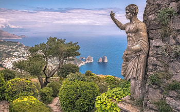 Capri Island, Italy, statue, sea, landscape, clouds, sky, rocks, vegetation HD wallpaper