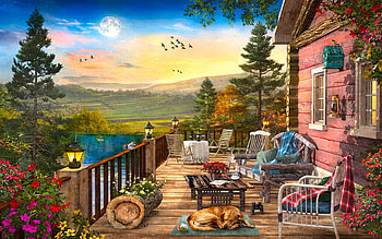 Wooden Terrace Sunset, artwork, dog, chairs, painting, trees, landscape, cabin HD wallpaper