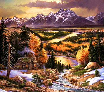 Snake River Cabin with First Snow, artwork, painting, deer, grand tetons, landscape, autumn, sunset, wyoming HD wallpaper