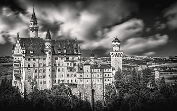 Monochrome, Neuschwanstein Castle HD wallpaper