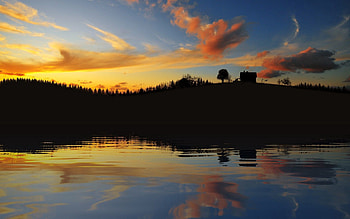 Nature, Trees, Sky, Clouds, Lake, Shore, Bank, House, Outlines, Evening HD wallpaper