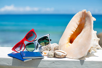 Summer Vacation, sea, sunshine, summer, shells, glasses, vacation, beach HD wallpaper