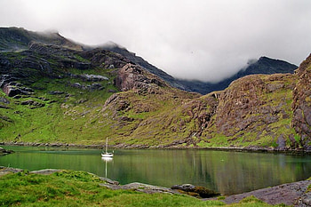 ~ SOMEWHERE ~, boat, clouds, still, water, mountain HD wallpaper