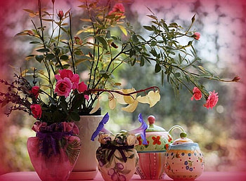 Pretty to look at, pink, leaves, buds, roses, vases, ribbons, bows, flowers HD wallpaper