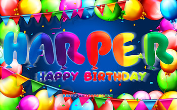 Happy Birtay Harper, , colorful balloon frame, Harper name, blue background, Harper Happy Birtay, Harper Birtay, popular american male names, Birtay concept, Harper HD wallpaper