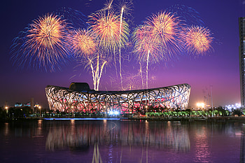 Building, Fireworks, Reflection, , Architecture, Bird's Nest, China, Colors HD wallpaper