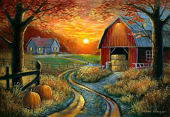 Day's End, artwork, pumpkins, barn, painting, house, trees, road, sunset HD wallpaper