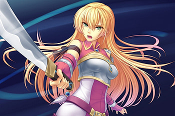 Wanna fight Me, blond hair, blonde, cute, long hair, blonde hair, warrior, female, plain, sexy, blond, sword, hot, girl, armor, blade, anime girl, simple, anime, weapon, fighter, green eyes HD wallpaper