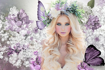 Boho, blonde, floral, butterflies, petals, female, stunning, white, breathtaking, gorgeous, girl, feminine, beautiful, woman, purple, pretty, flowers, women, lovely, green eyes HD wallpaper