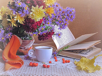 Still Life, blue, composition, art , table, teacup, beautiful, glass vase, book, yellow, shawl, red, flowers HD wallpaper