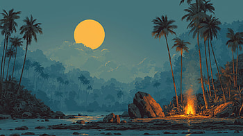 : Moonlit Jungle Night with Bonfire and Palm Trees, moon, jungle, bonfire, palm tree HD wallpaper