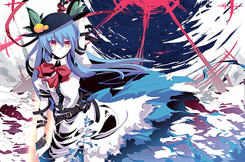 It's come to this.., peach, red eyes, blue hair, long hair, ripped, hinanai tenshi, touhou, clouds, torn, sky HD wallpaper
