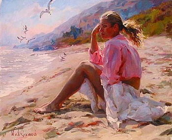 waiting, sea, paint, girl, beach HD wallpaper