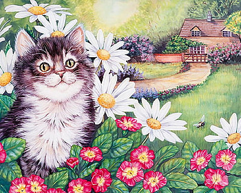 Spring cat, kitten, painting, art, daisy, flower, garden, cat, pet HD wallpaper