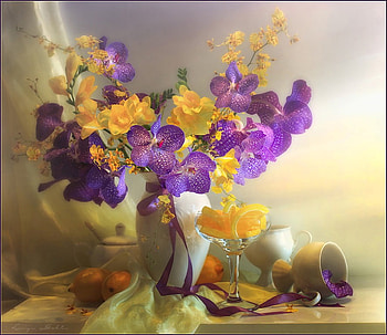 Beautiful still life, tenderness, ribbon, soft, vase, beautiful, wonderful, beauty, purple, delicate, lemon, yellow, flowers, cloth, teapot HD wallpaper