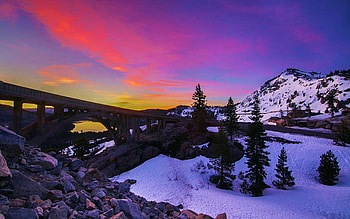 Rainbow Bridge Sunrise, Truckee California, winter, hills, snow, trees, colors, sky, stones, usa HD wallpaper