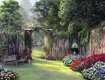 Garden gateway, bench, painting, field, garden, archway, beautiful, flowers HD wallpaper