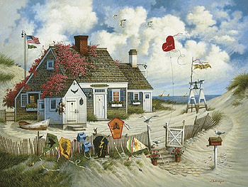 Root Beer Break at the Butterfield's, boat, flag pole, sand, dunes, house, steps, grass, flag, seagulls, kites, mailbox, beach, flower pots, fence HD wallpaper