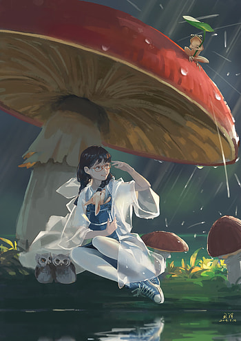 Animals, Art, Rain, Mashrooms, Girl HD phone wallpaper