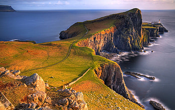 Nest Point At Sunset, Scotland, sea, lighthouse, cliffs, Isle of Skye, beautiful, grass, sunset HD wallpaper